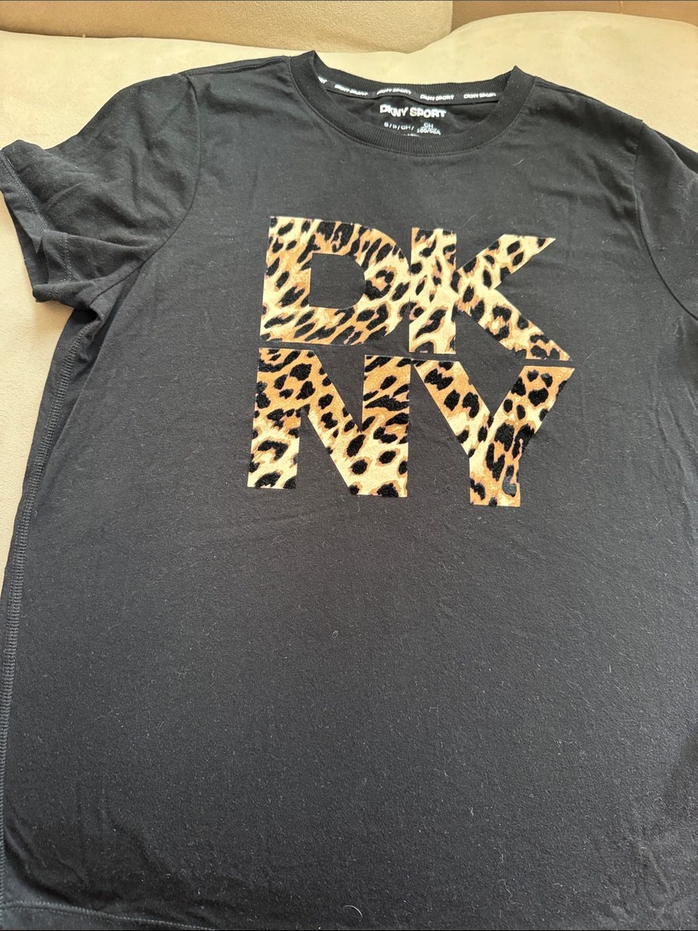 DKNY Black Short-Sleeve Tee with Leopard Print Logo